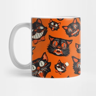 Retro Vintage Halloween Black Cat Faces Pattern - Orange Background Mug